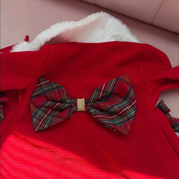 Red Sparkle Baby Coat with Fur Collar and Tartan Bows - Picture 3 of 3